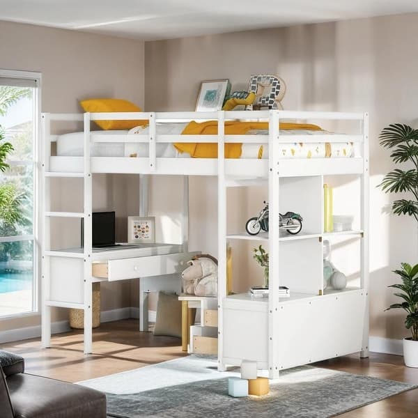 slide 2 of 25, Elegant & Multifunctional Design Twin Size Loft Bed with Built-in Desk with 2 Drawers, and Storage Shelves, Space Saving, White White