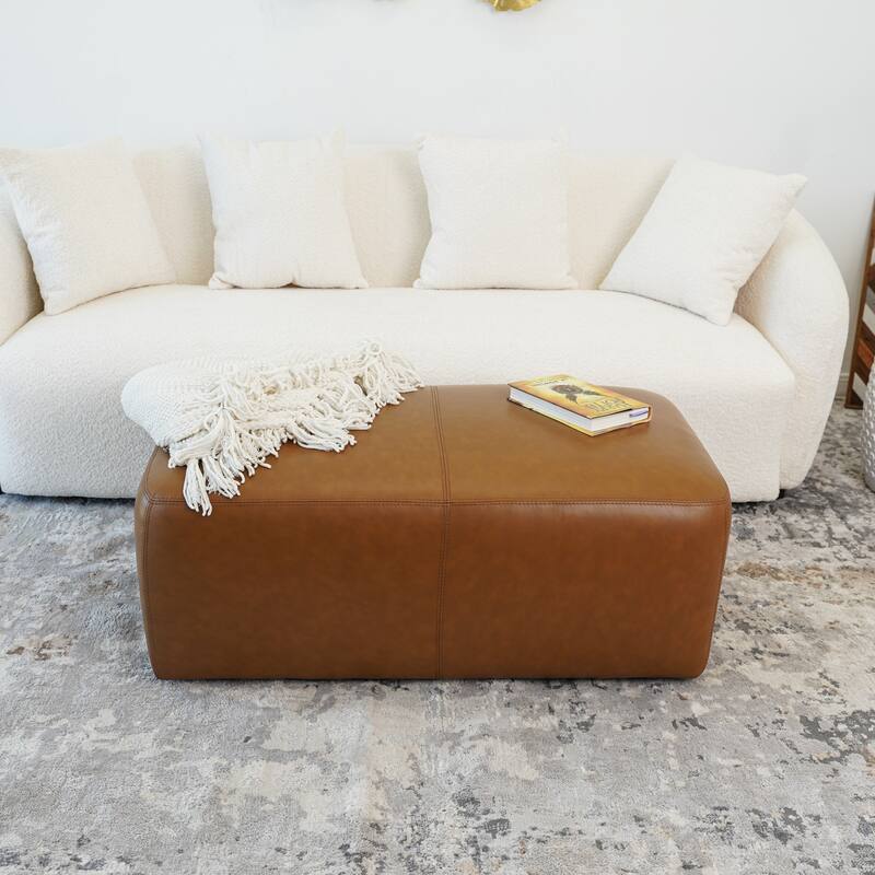 Ingway Mid-Century Modern Ottoman in Tan Leather - Tan