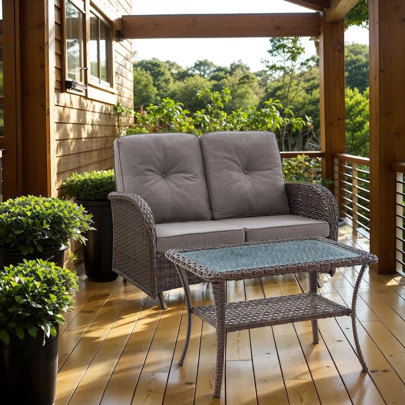 Outdoor Handwoven Wicker Loveseat Glider with Table - Brown - Brown - Grey
