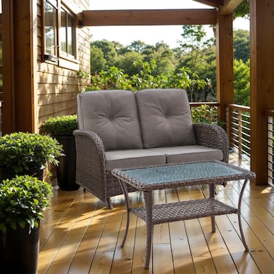 Outdoor Handwoven Wicker Loveseat Glider with Table - Brown