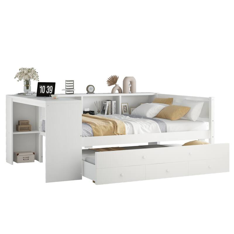 Full Size Daybed with Trundle, Wood Day Bed Frame with Storage Drawers and Side Shelves, Daybed with Desk, No Spring Box Needed