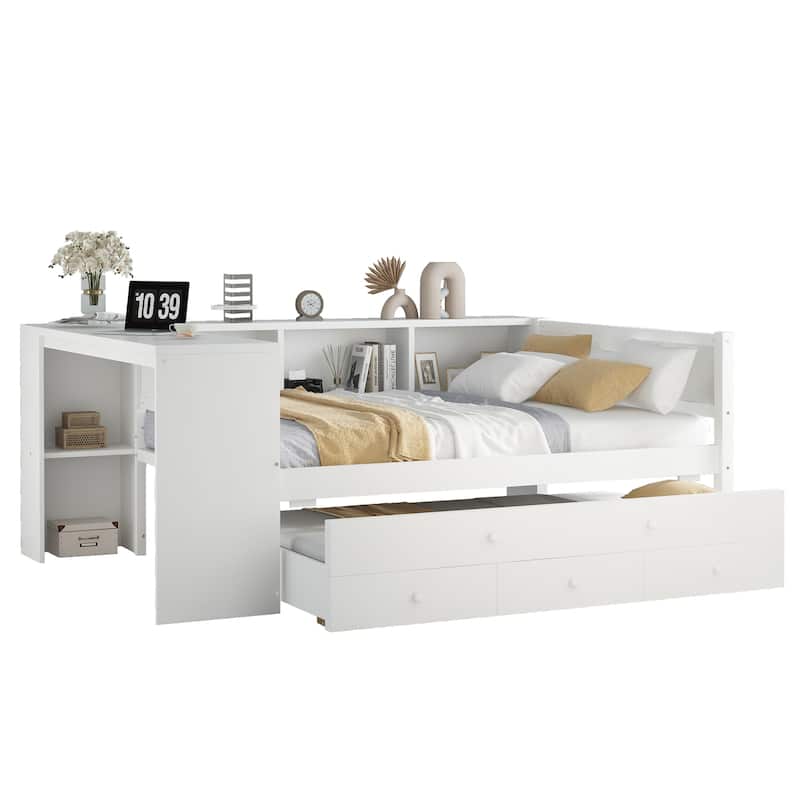 Full Size Wood Daybed with Trundle, Storage Drawers, Side Shelves, and Desk, White