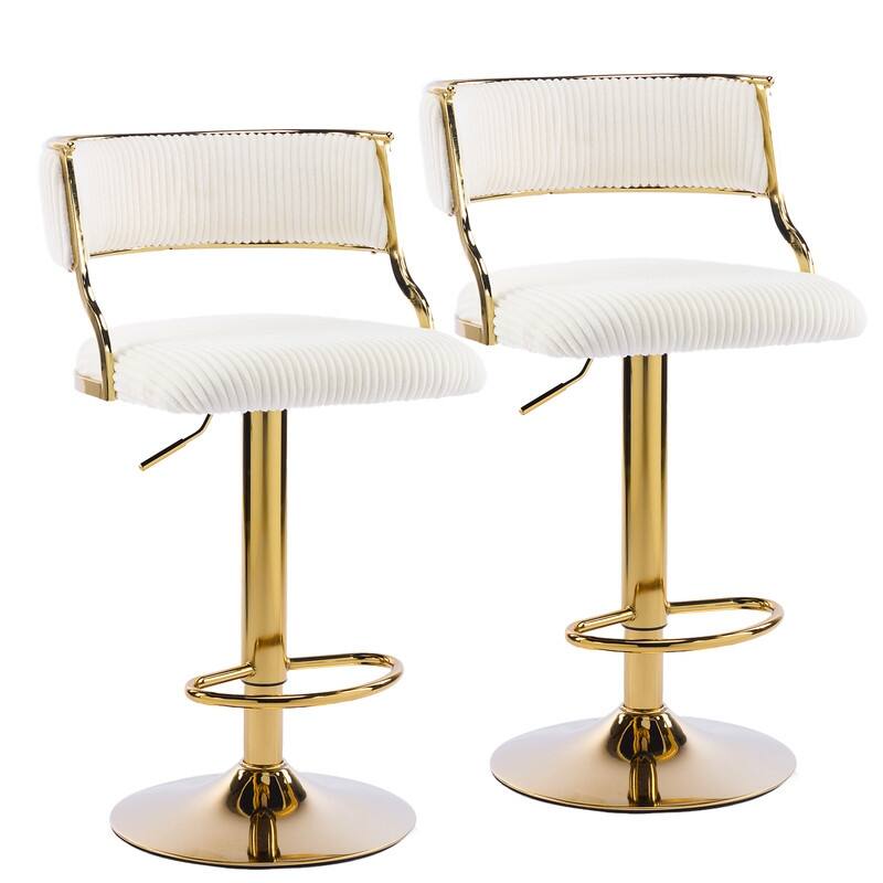 Corduroy Upholstered Adjustable Bar Stool with Gold Tone Base - Beige