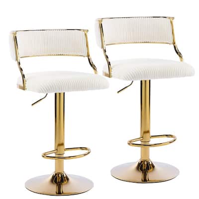 Corduroy Upholstered Adjustable Bar Stool with Gold Tone Base