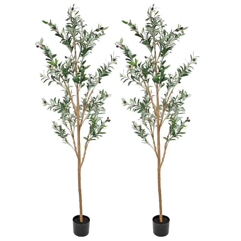HomeRoots Set Of Two 84" Green Artificial Olive Trees in a Black Pot - 26.00 in. x 84.00 in. x 26.00 in.