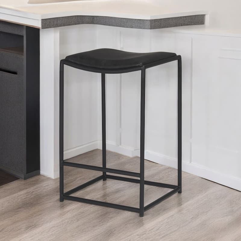 HomeRoots Black Genuine Leather and Iron Backless Counter Height Bar Chair - Counter Height - Black - Single