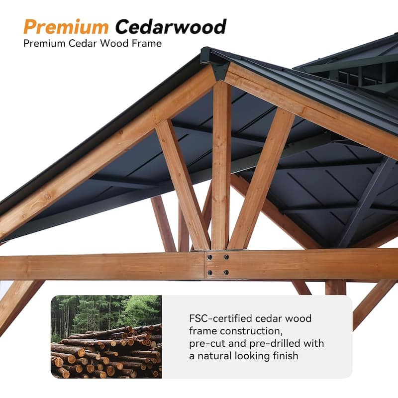 Cedar Wood Gazebo 12’ x 12’, Heavy Duty Hardtop Gazebo with Steel Roof, Water Resistant, Wind Resistant