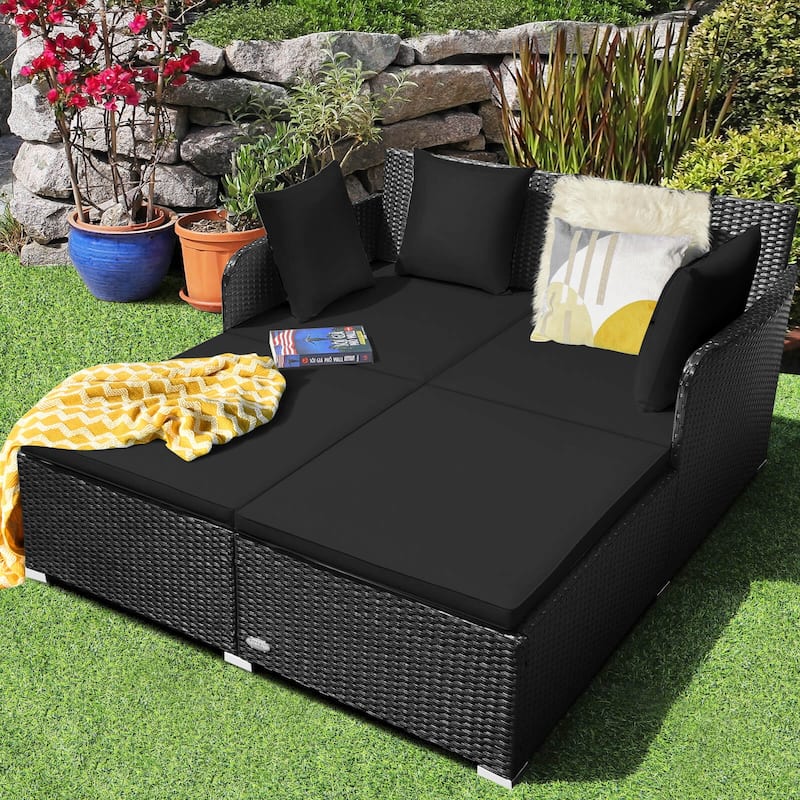 Costway Outdoor Patio Rattan Daybed Pillows Cushioned Sofa Furniture - See details