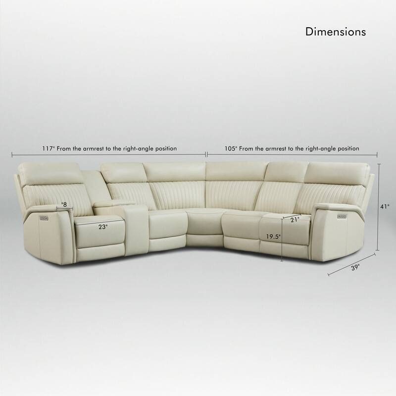Genuine Leather Power Recliner Sectional Sofa with Console, Ajustable Headrest, USB&USB-C Port