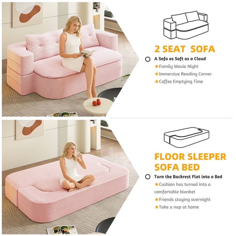 78.7 Inch Convertible Floor Sofa Bed, Plush Corduroy Sleeper Couch with Blanket and 2 Pillows, Deep Seat