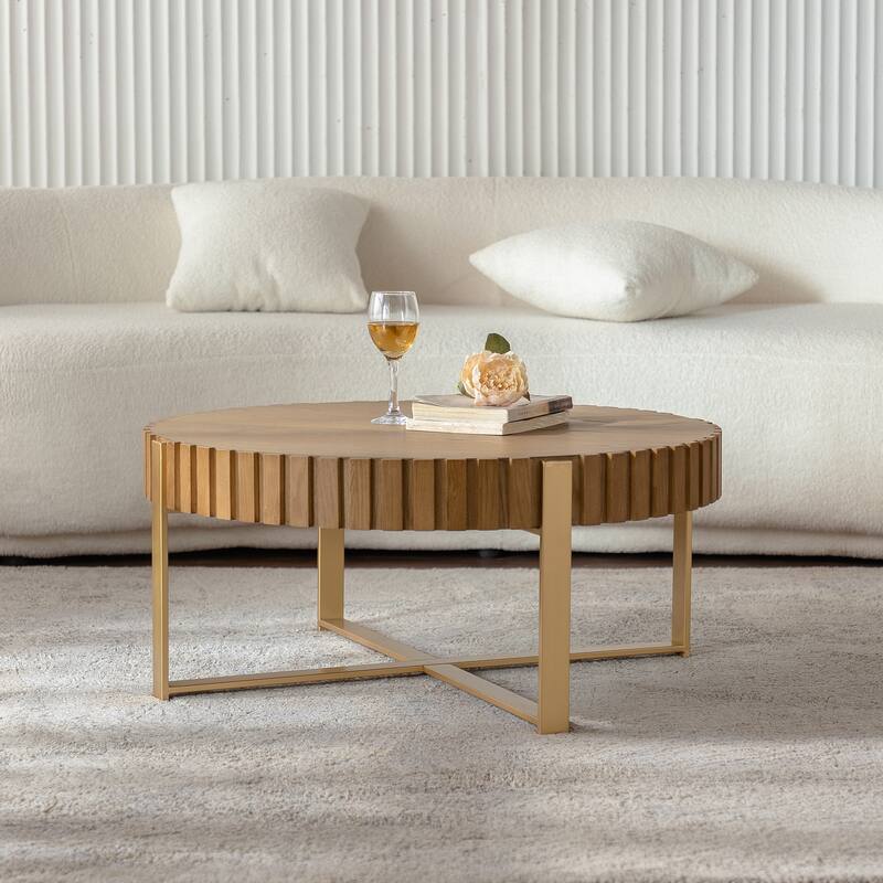Round Two-Ply Coffee Table Handcrafted Relief Sturdy Pedestal Wooden Olive-Shaped Tea Table