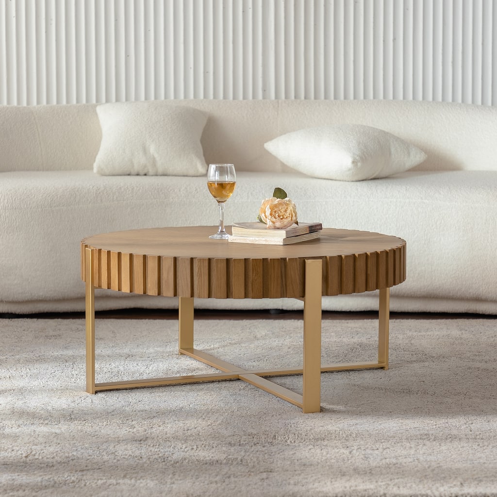 Round Wooden Handcrafted Relief Coffee Table with Sturdy Base