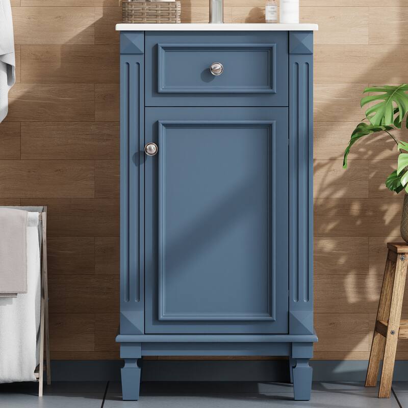 French Style 18" Freestanding Bathroom Vanity with Ceramic Sink, Soft-Close Door & Adjustable Shelf - Blue