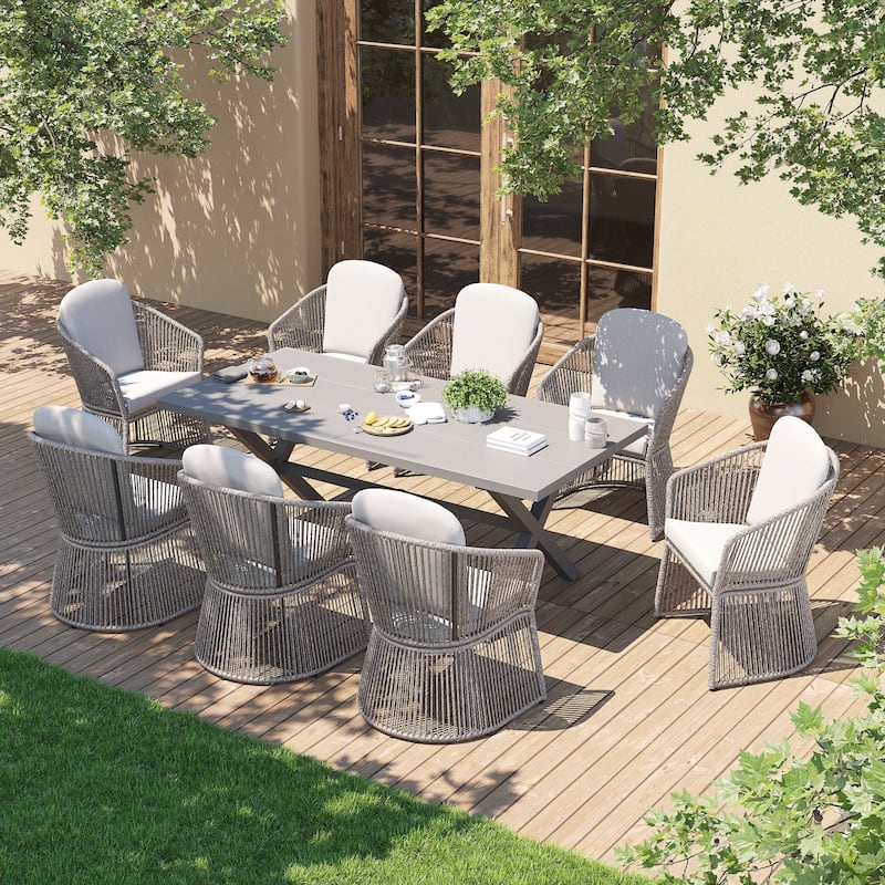 9-Piece Outdoor Dining Set - Weather-Resistant Aluminum Table with X-Leg Stability & PE Rattan Chairs - Light Grey