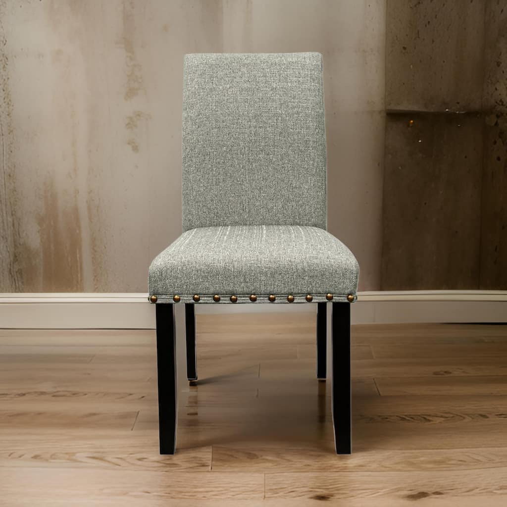 Sie 25 Inch Dining Chair, Nailhead Trim, Padded Gray Upholstery, Black Wood