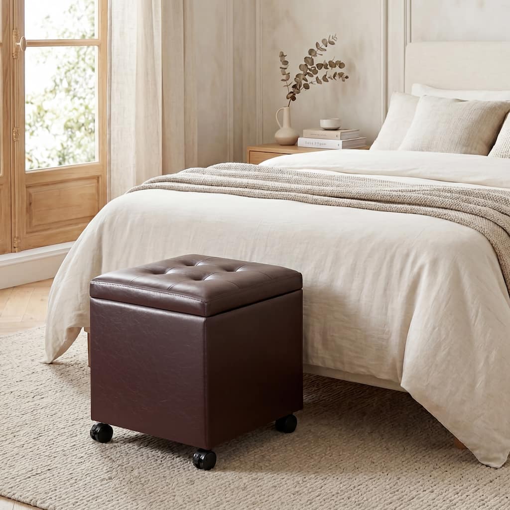Adeco Storage Ottoman with Tray Top Footstool for Living Room