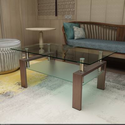 Rectangle Walnut Glass Coffee Table, Clear Coffee Table, Modern Side Center Tables for Living Room