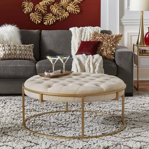 Perdita Gold Finish Velvet Round Tufted Ottoman by iNSPIRE Q Bold