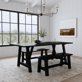 Trestle Black Wood Dining Table with 2 Benches - Bed Bath & Beyond ...