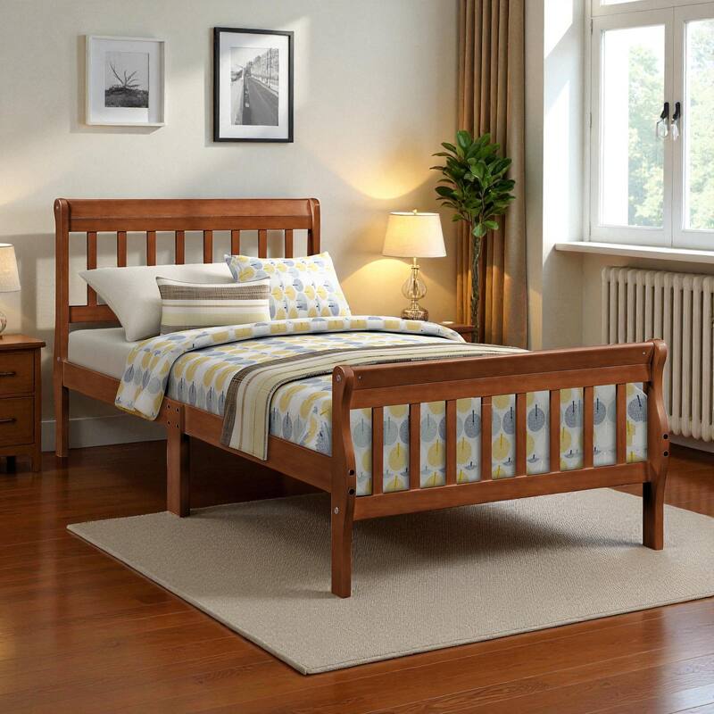 Twin Size Wood Platform Bed with Headboard and Footboard, Sleigh Panel Bed Frame with Wood Slat Support, No Box Spring Needed - Walnut - Twin