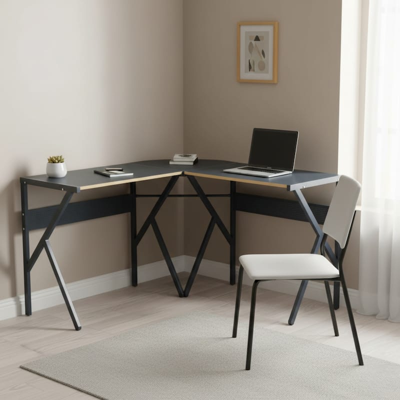 Homylin L-Shaped Modern Corner Office Computer Desk with Sturdy Metal Frame - Blue