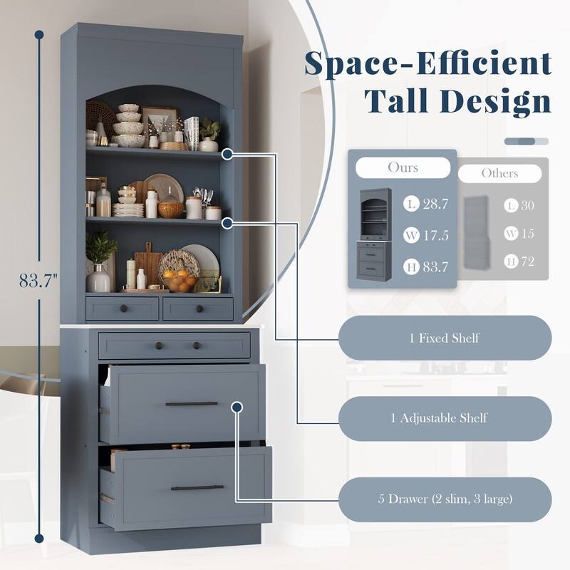 Modern Freestanding Tall Kitchen Pantry Kitchen Hutch with Storage Drawers and Adjustable Shelf