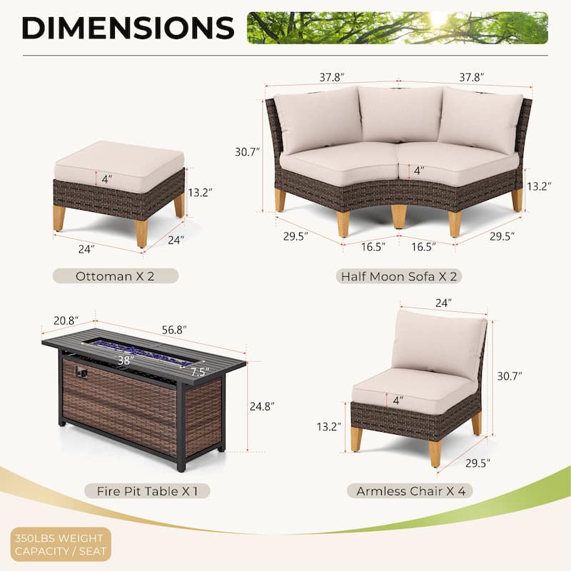 6-11 Piece Patio Outdoor Wicker Sectional Sofa Half-Moon Furniture Set Large Seating Conversation Sets with Fire Pit Table