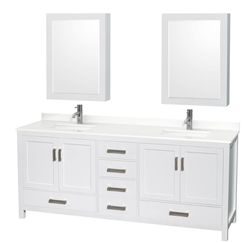 Sheffield 80-inch Double Vanity, Single Hole Quartz Top, Med Cabinets - White, Chrome Trim, White Quartz Top