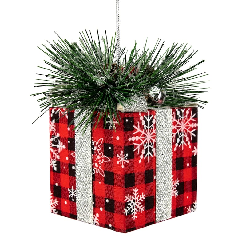 6" Black and Red Buffalo Plaid Gift Box Christmas Ornament