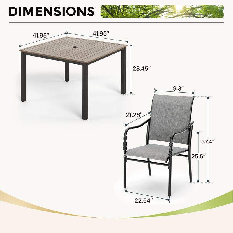 MAISON ARTS 5-Piece Patio Dining Set, Square Brown Metal Dining Table and 4 Gourd Head Shape Armrest Chairs