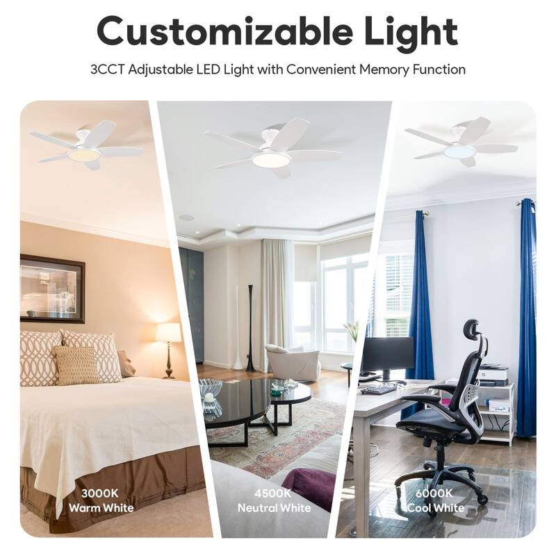 42" 5 - Blade Low Profile Flush Mount LED Ceiling Fan with Light Kit and Remote