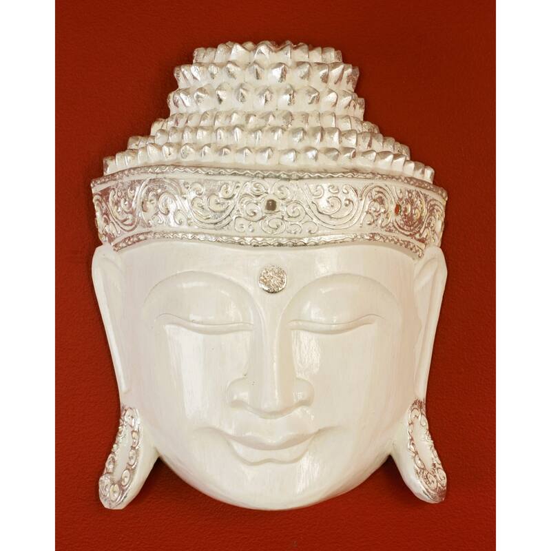 12" Wooden Wall Mask Serene White Buddha Head Statue Hand Carved Sculpture Handmade Figurine Gift Home Décor - 12" tall x 8" wide x 3.5" deep