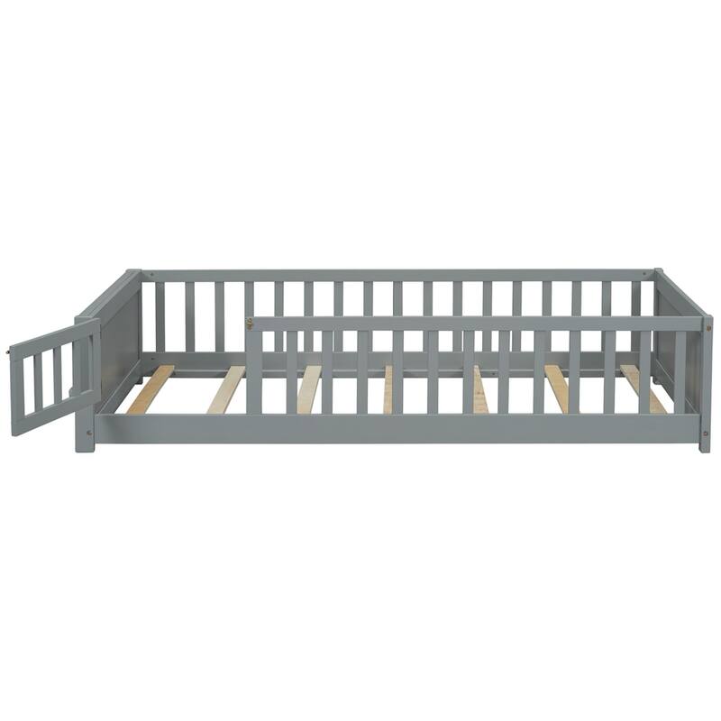 Twin Size Wood Platform Bed with Built-in Book Storage Rack and Door