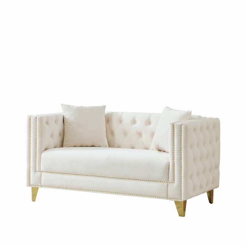 Roomfitters 58" Modern Tuxedo Loveseat with Buttoned Back and Gold Legs, Upholstered Couch with Double Nailhead Trim