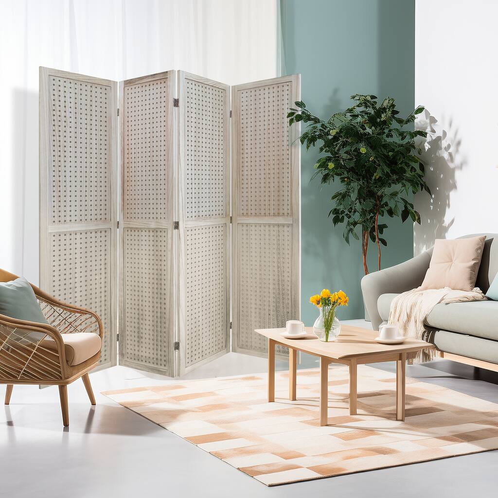 4 Panel Room Divider, 5.6Ft Pegboard Display Room Divider Folding Privacy Screen Room Divider Freestanding Peg Board Display