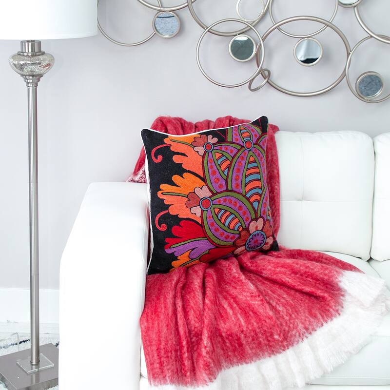 20" Black and Red Embroidered Floral Square Throw Pillow