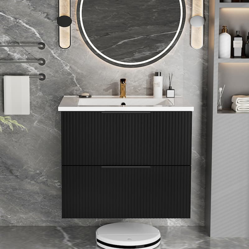24 Inch Bathroom Vanity Cabinet With Ceramic Sink - Wall Mounted Floating Fluted Vanity With Drawers - Matte Black