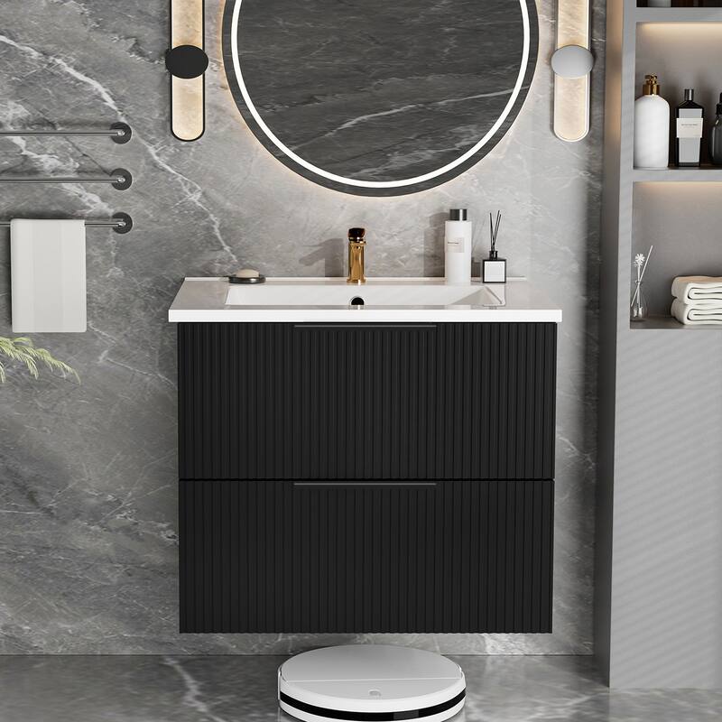 Modern Fluted Wall-Mounted Vanity with Ceramic Sink & Integrated Drawers