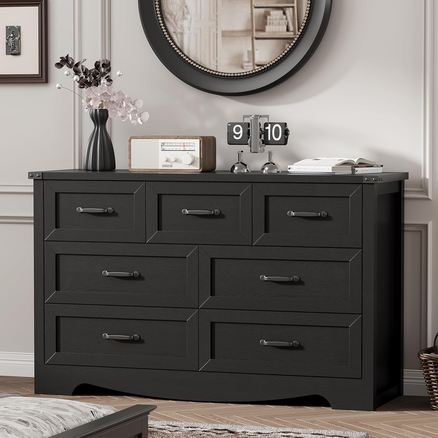 Modern 7-Drawer Wooden Dresser for Bedroom, Living Room, Hallway, Entryway, Black