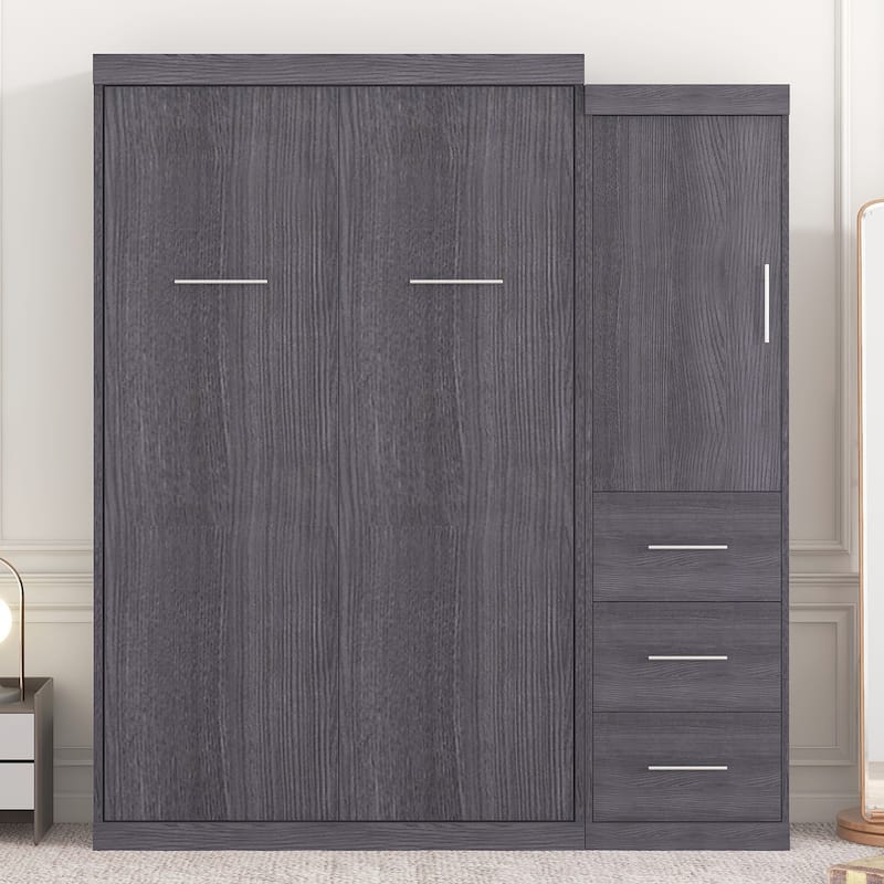 Roomfitters Full/Twin Murphy Bed with Wardrobe, Foldable Cabinet Design and Built-in Storage System, Gray