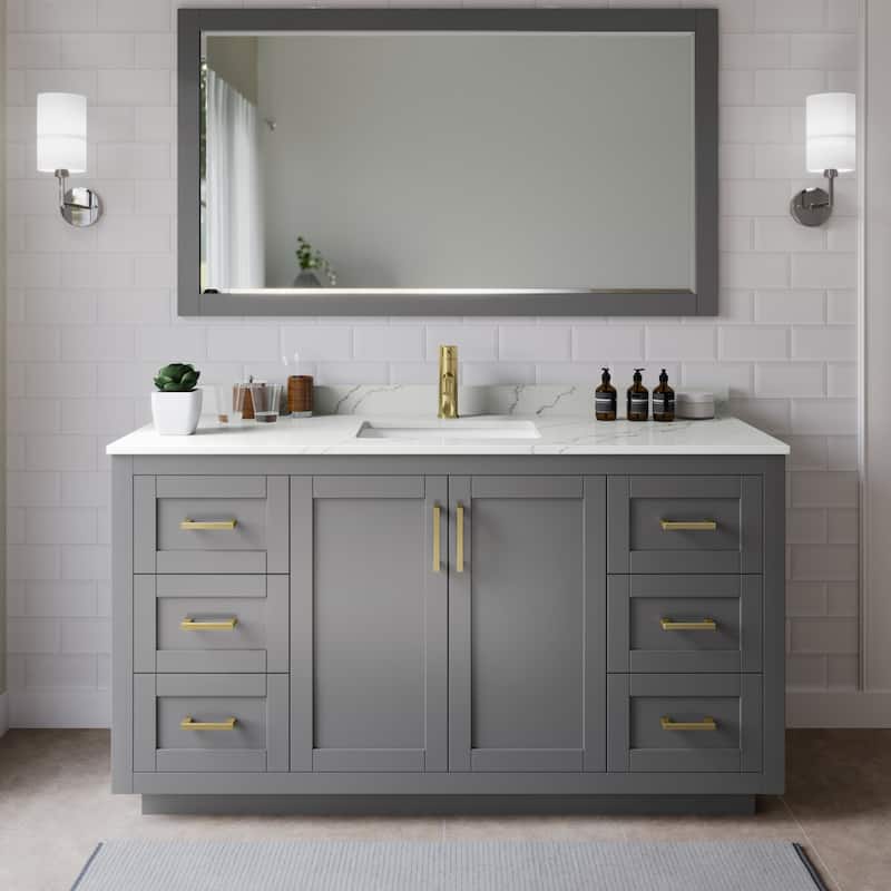 Wyndham Collection WCF292966S-QTZ-UNSM58 Miranda 66" Free Standing - Dark Gray / Giotto Quartz Top / Brushed Gold