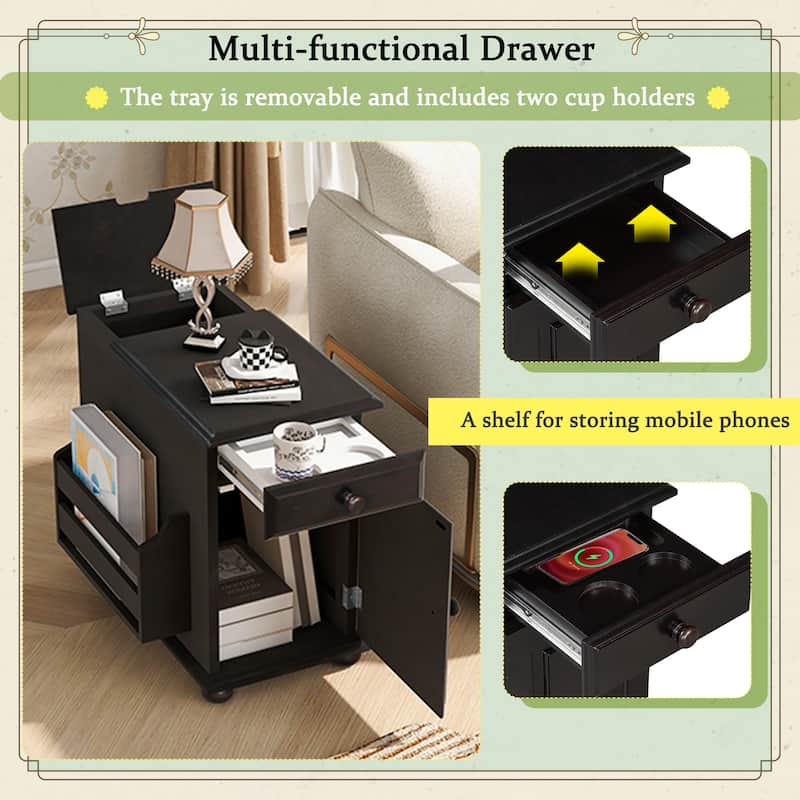 Flip Top End Table with USB Ports,Bookshelf