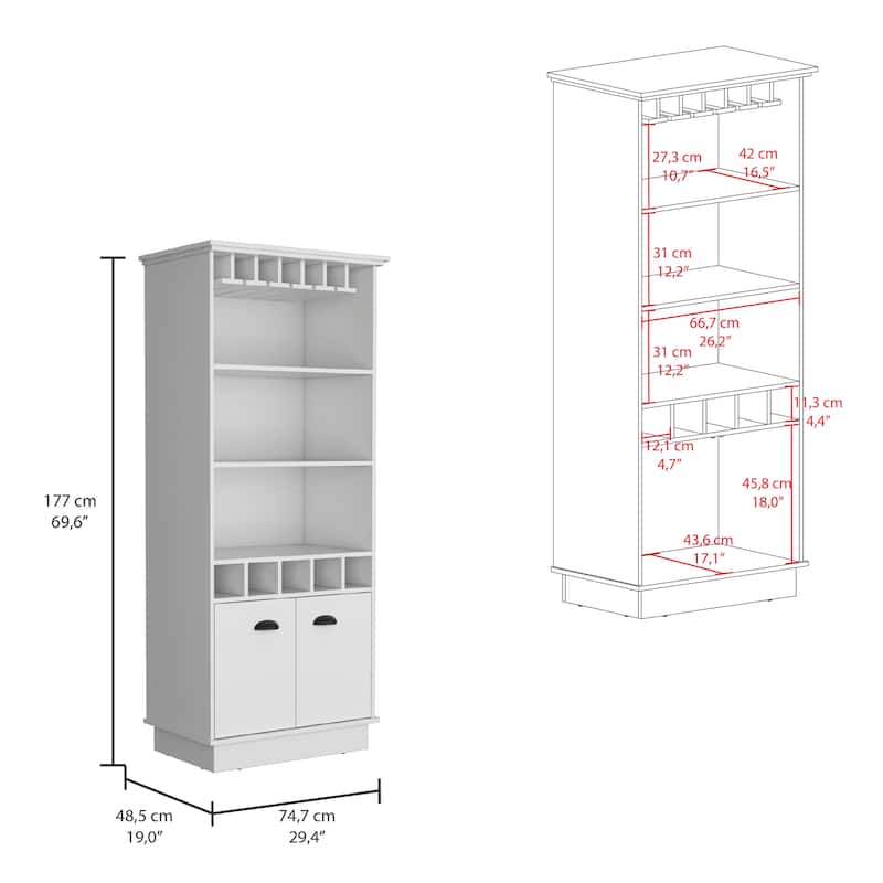 Dundee 70-Inch High 10-Glass Bar Cabinet with 5 Cubbies and 3 Open Shelves and Cabinet