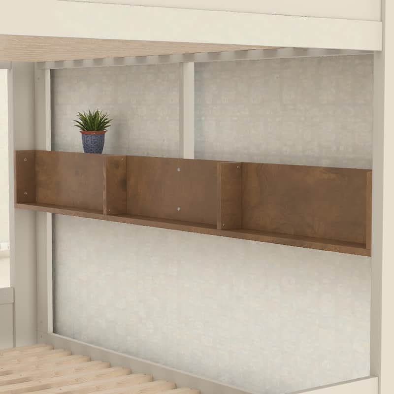 Solid Wood Bunk Bed with Trundle and Storage Shelves, Full Over Full/Queen Over Queen Bunk Bed with Hooks