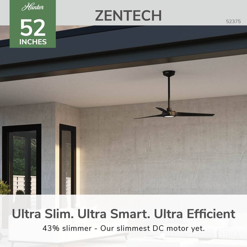 Hunter ZenTech Indoor / Outdoor 3-Blade Smart Ceiling Fan w/ LED Light and Handheld Remote - Modern & Contemporary.