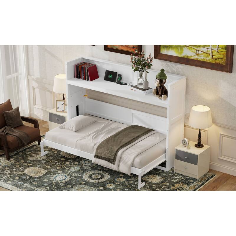 Twin XL Size Solid Wood Murphy Bed with Desk, LED Light and USB Charging Station, Hidden Convertible Folding WallBed for Bedroom