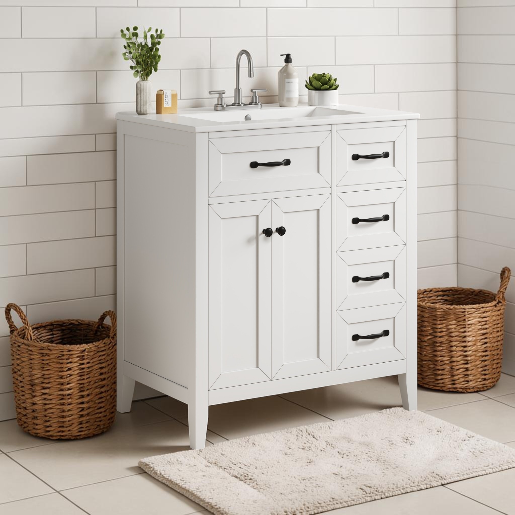 30 Inch White Bathroom Vanity with Ceramic Sink, Freestanding Cabinet with Soft Close Drawers and Doors