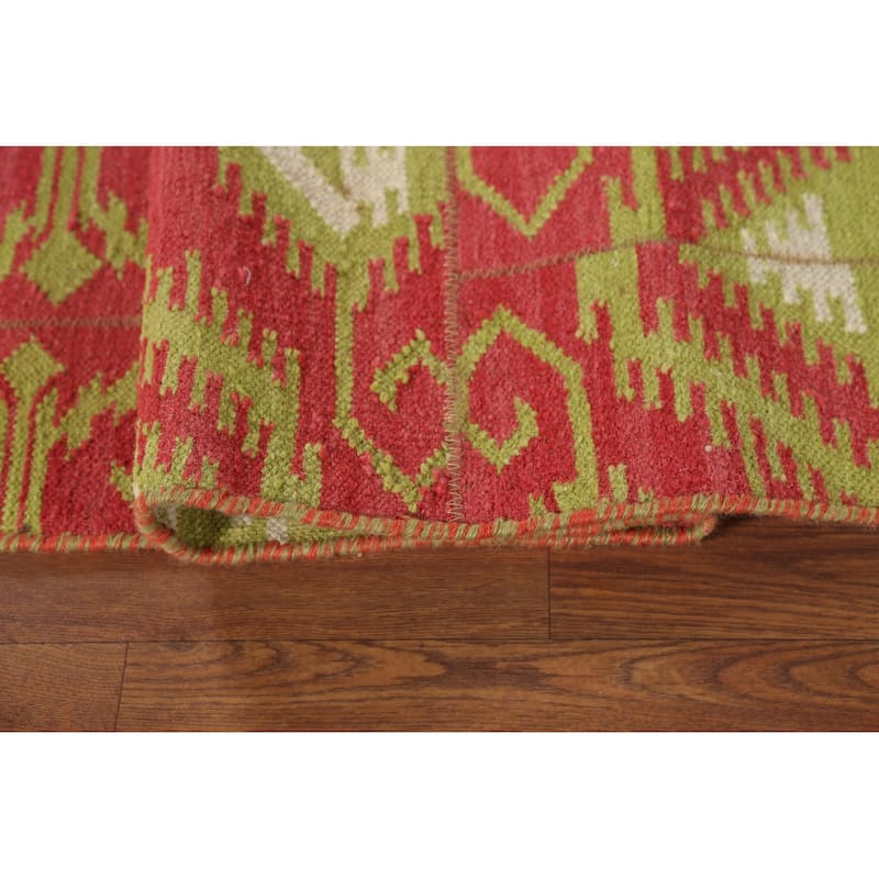 Geometric Kilim Oriental Area Rug Flatweave Pink Wool Carpet - 5'11"x 8'10"