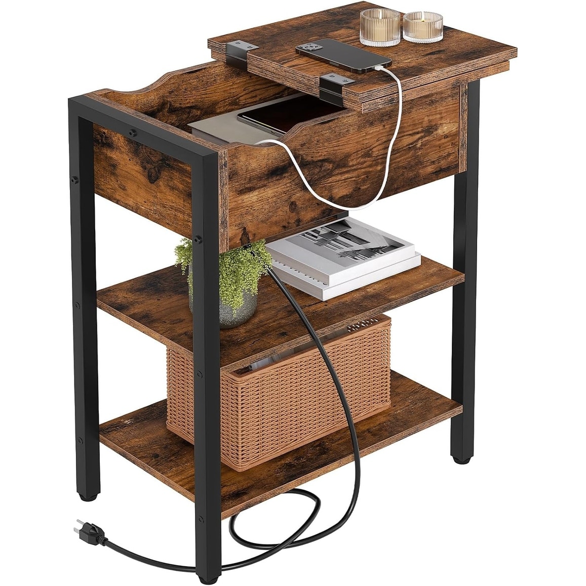 Narrow Side Table with Charging Station, Flip Top Nightstand with USB Ports and Shelf for Small Spaces