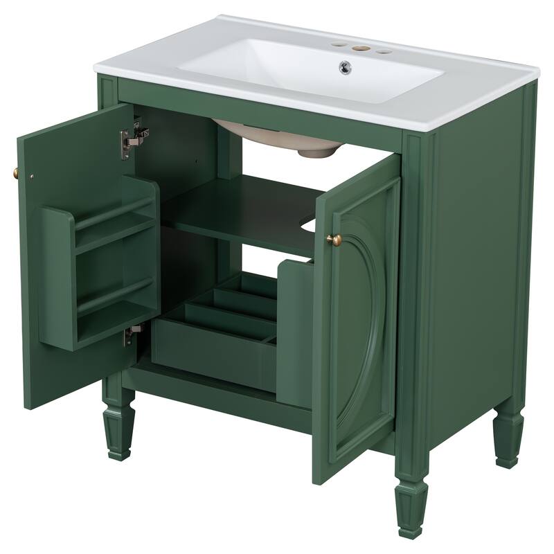 Green 30-Inch Freestanding Vanity with Ceramic Sink, Soft-Close Doors, Adjustable Shelf, and Retro Legs